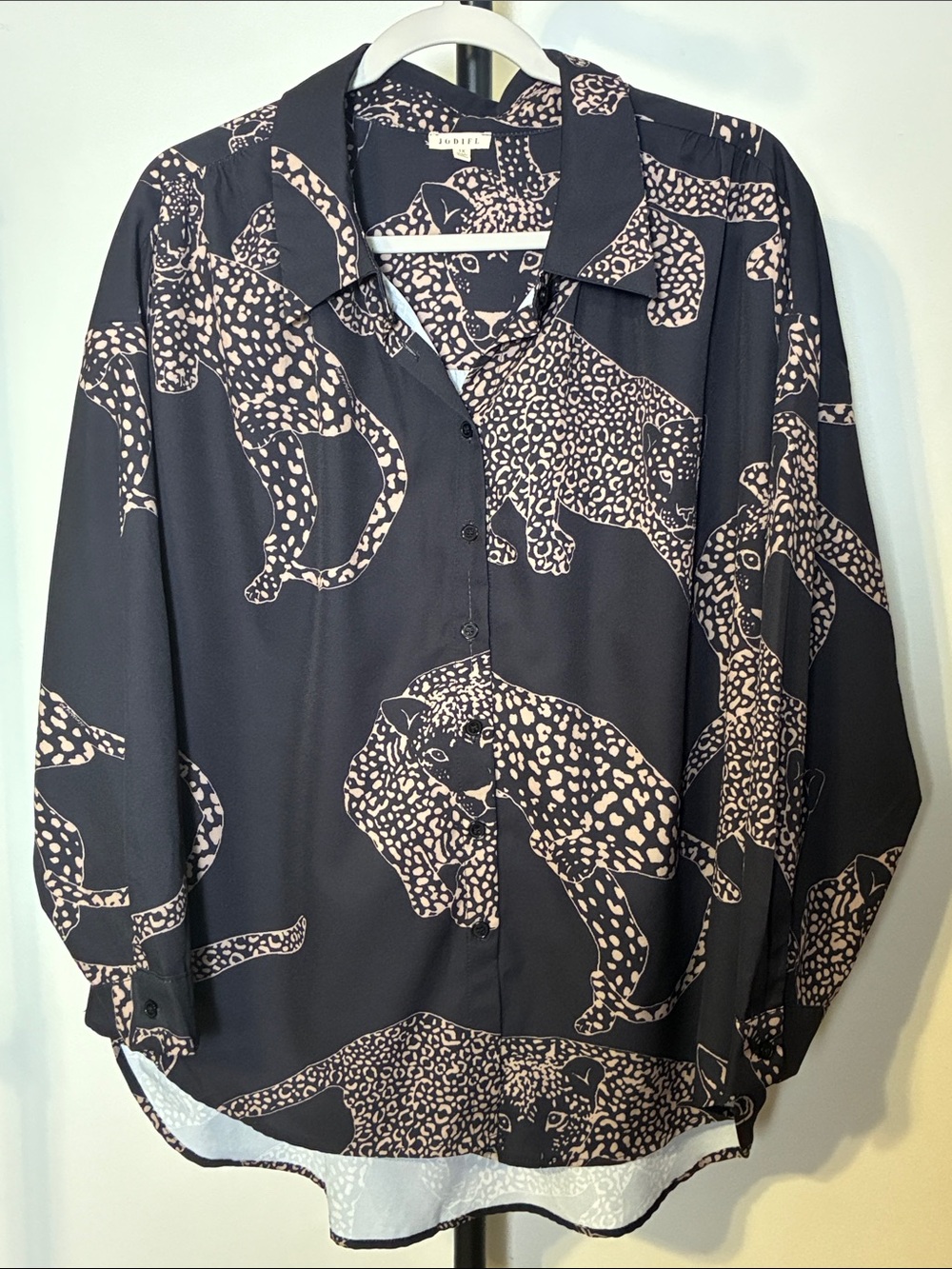 JODIFL Black Blouse with Cream Leopard Motif Plus Size 1X